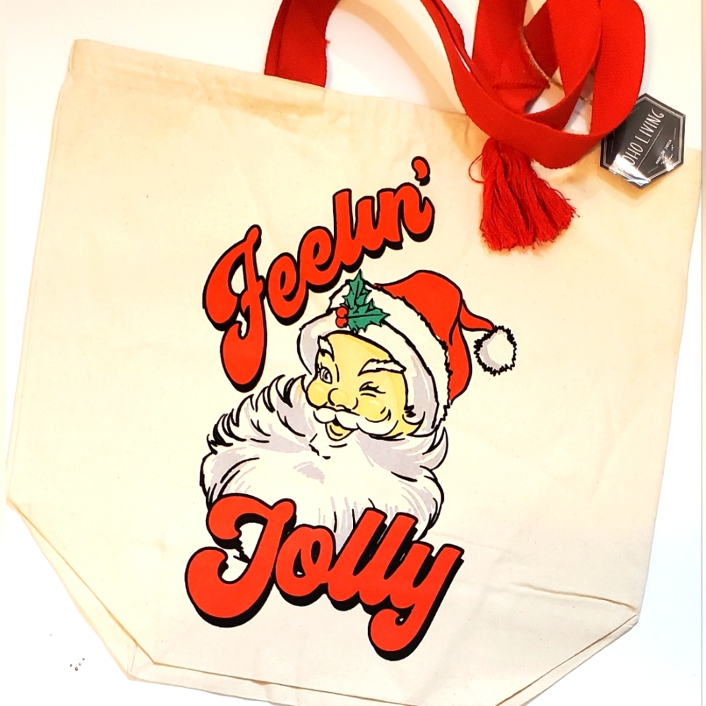 Feelin Jolly Santa Claus Christmas Jumbo Reusable Canvas Tote Bag